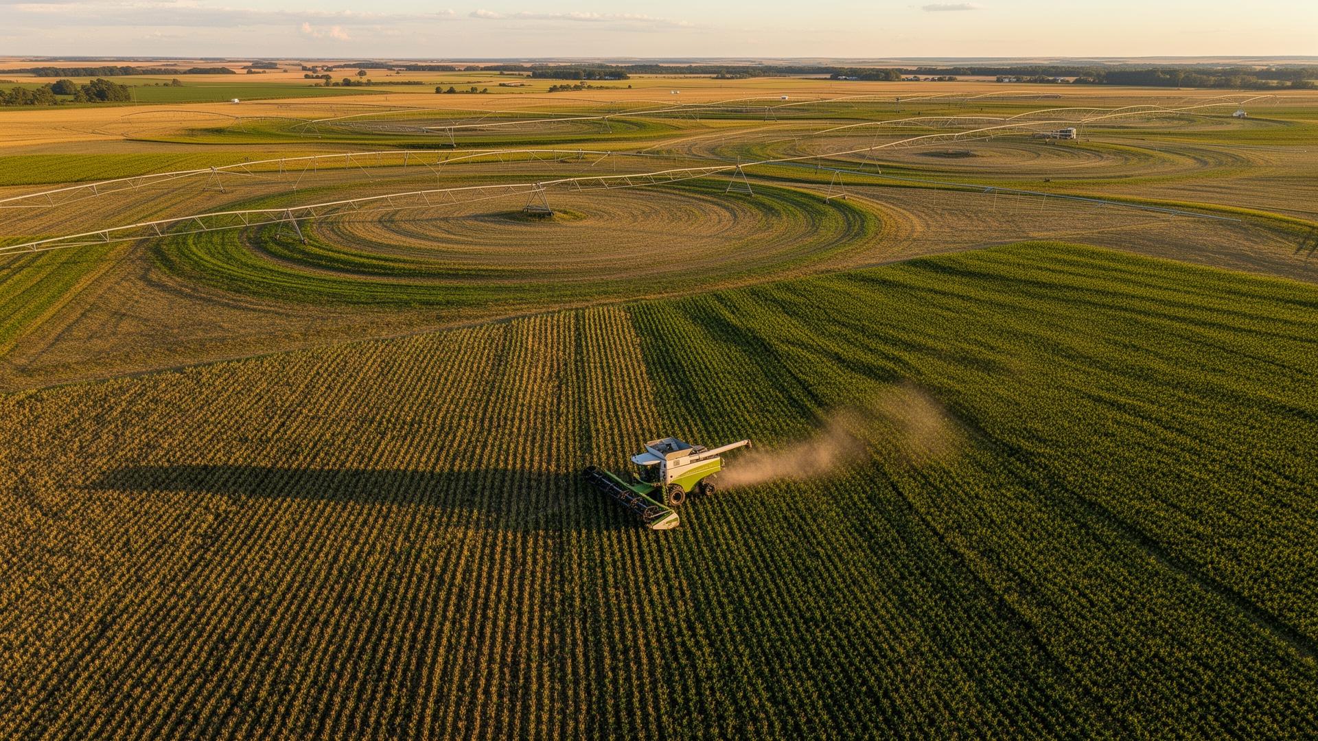 Mechanized harvest under pivot irrigation, captured from drone.