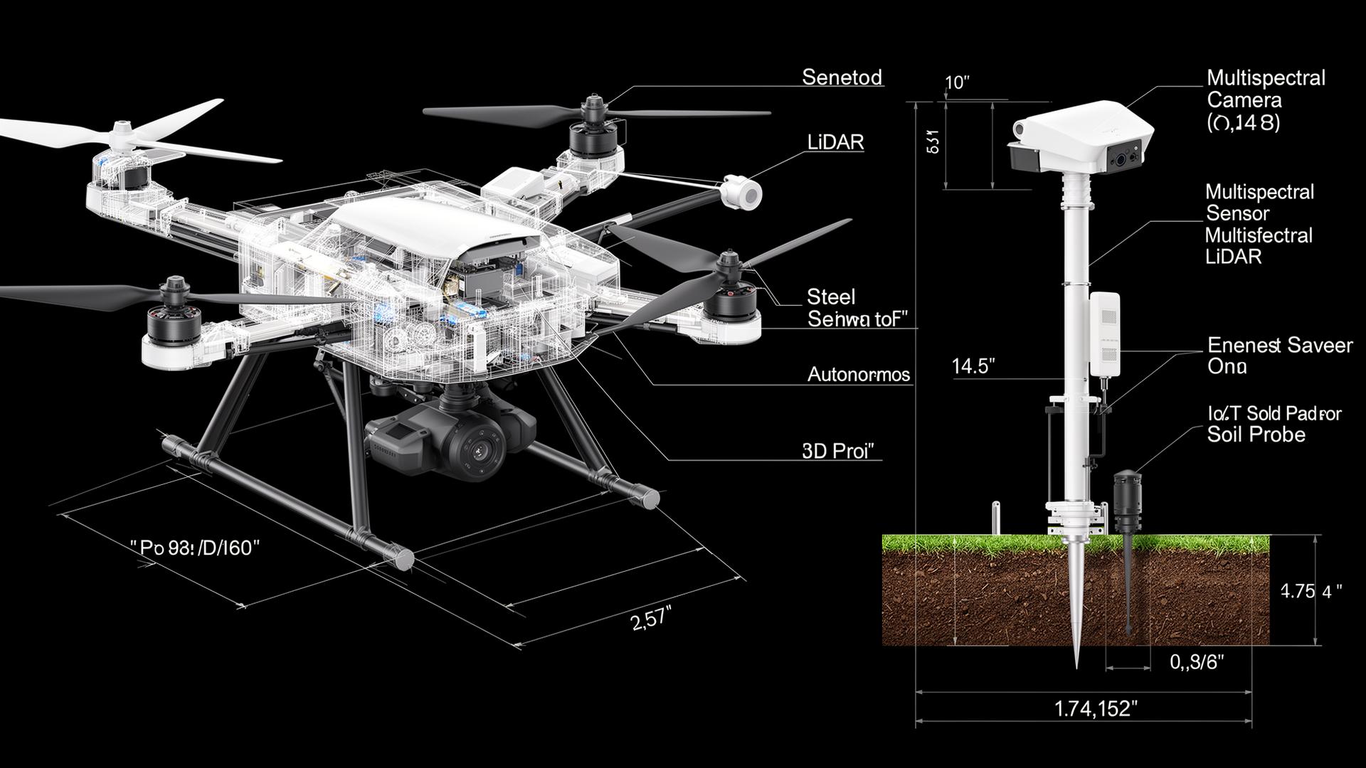 Multispectral drone and IoT soil probe - engineering blueprint.