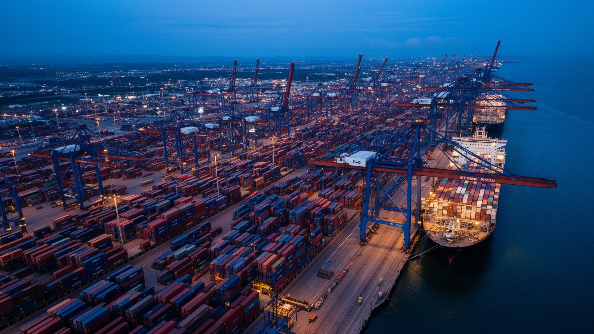 Container terminal at blue hour - live cargo throughput.