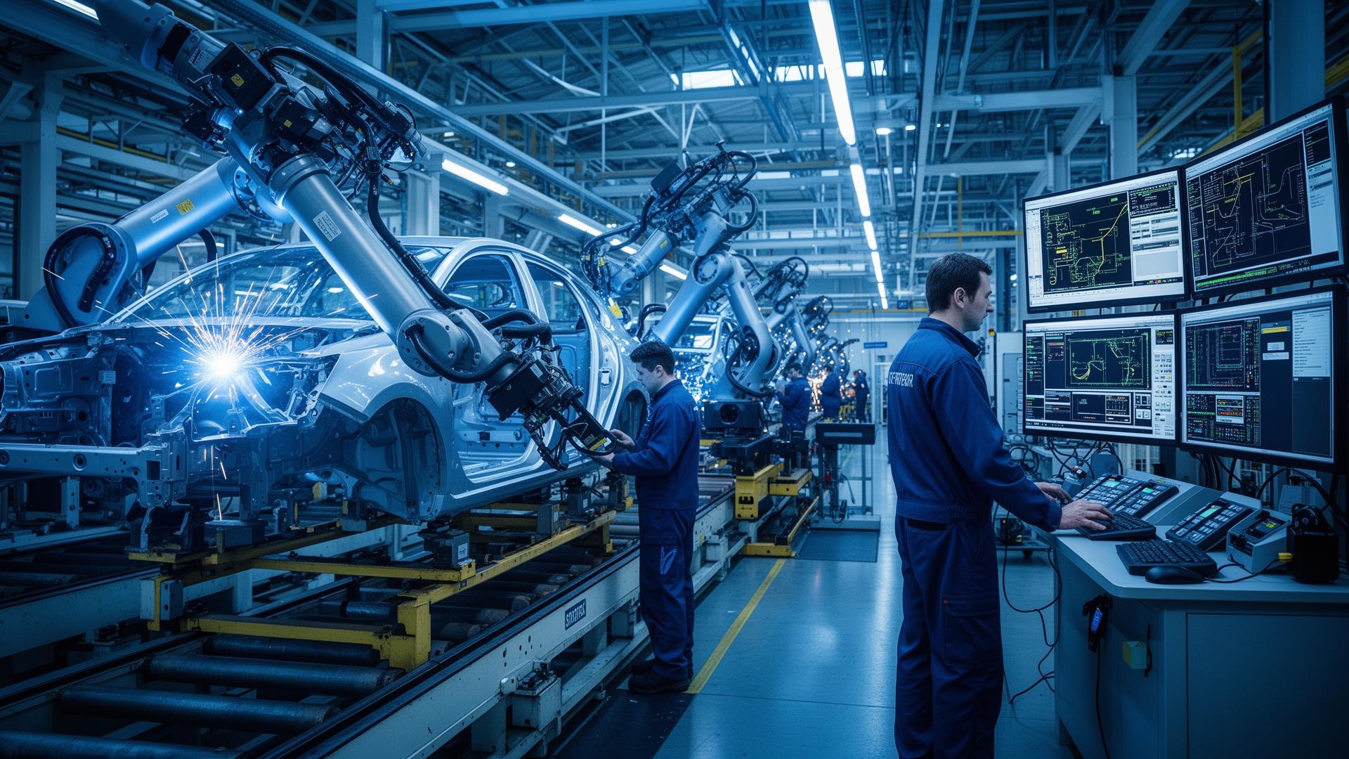 Robotic body-in-white line with HMI process control.