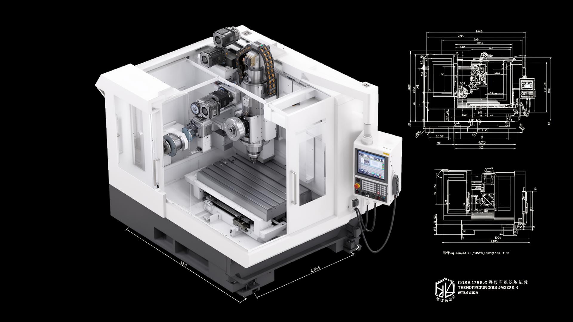 5-axis CNC machining center - exploded engineering schematic.