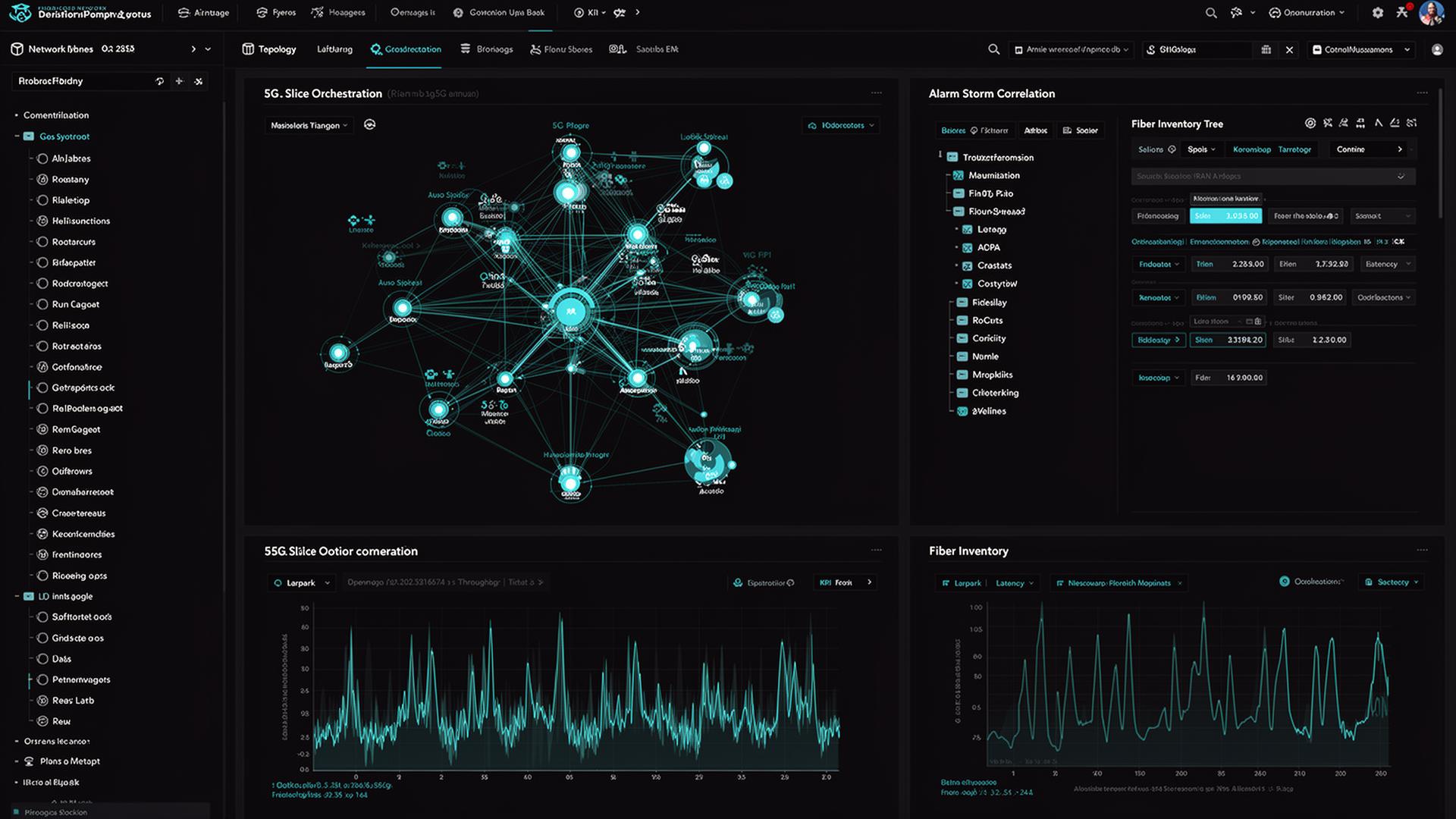 Slice orchestration, fiber inventory, alarm storm view.